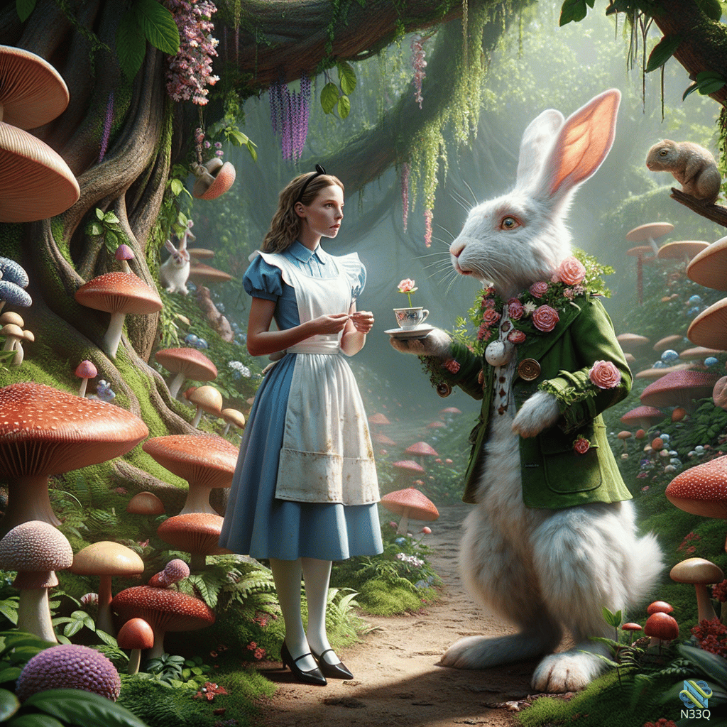 Alice and the White Rabbit in Mushroom Forest