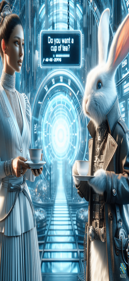Woman and Rabbit Offering Tea in Futuristic Tunnel