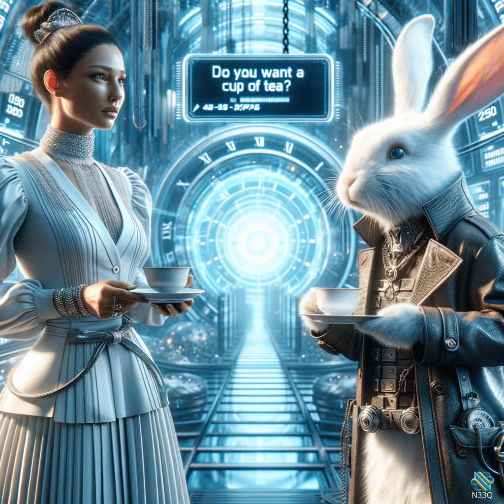 Woman and Rabbit Offering Tea in Futuristic Tunnel