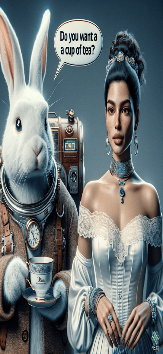 Steampunk Rabbit Offering Tea to Victorian Woman