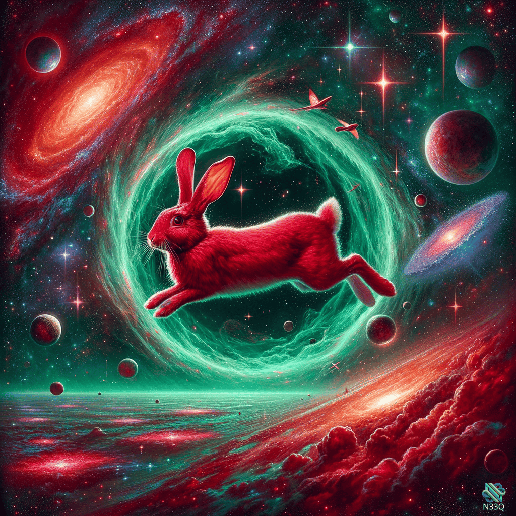 Red Rabbit Leaping Through Cosmic Nebula