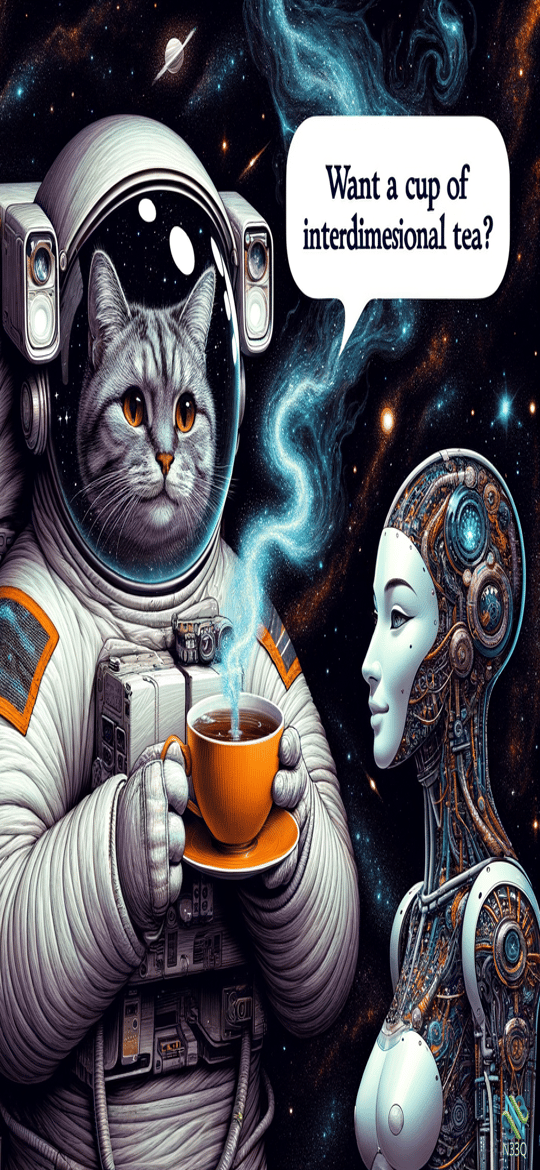 Astronaut Cat Offers Tea to Cyborg