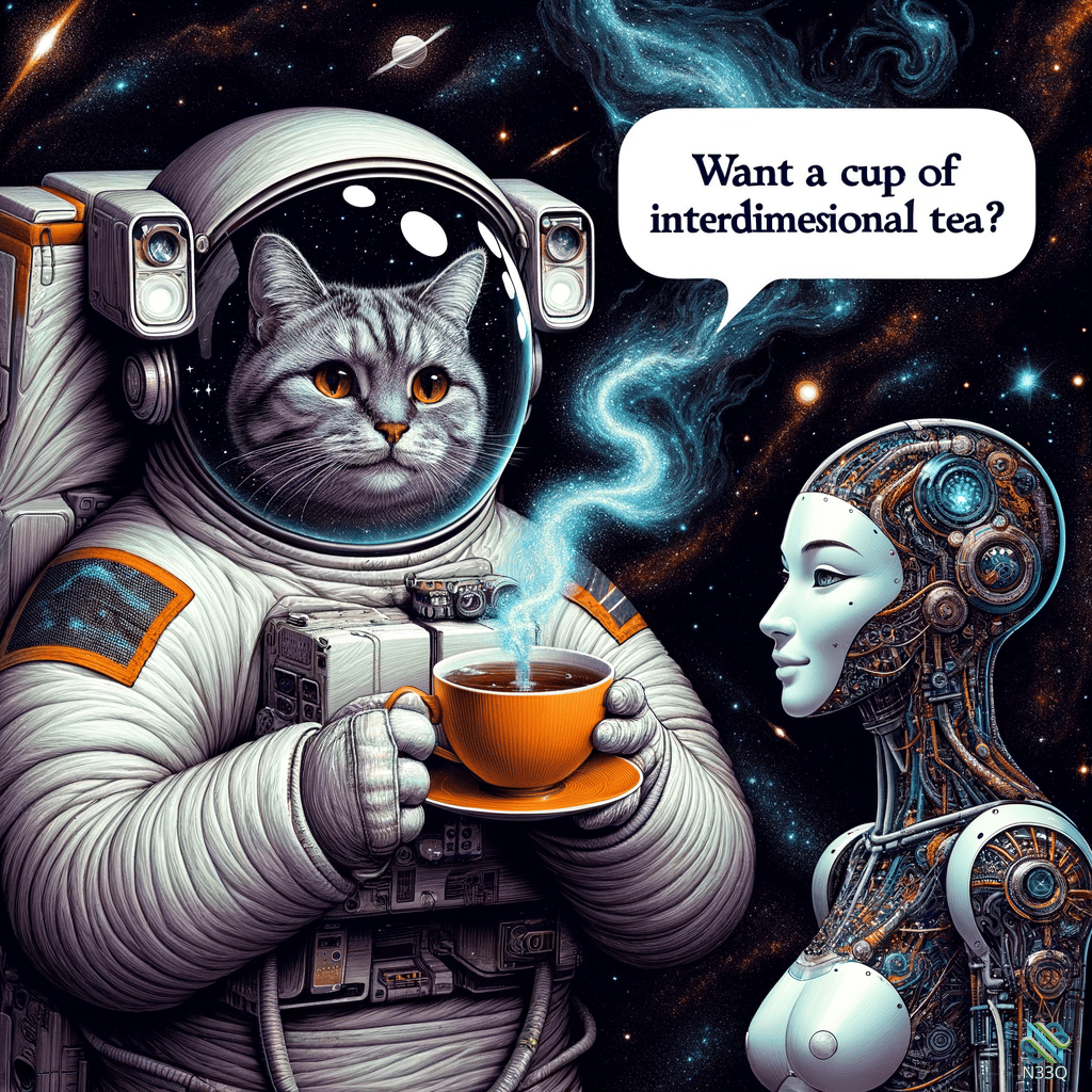 Astronaut Cat Offers Tea to Cyborg