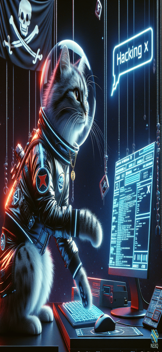 Astronaut Cat Hacking at Neon Computer