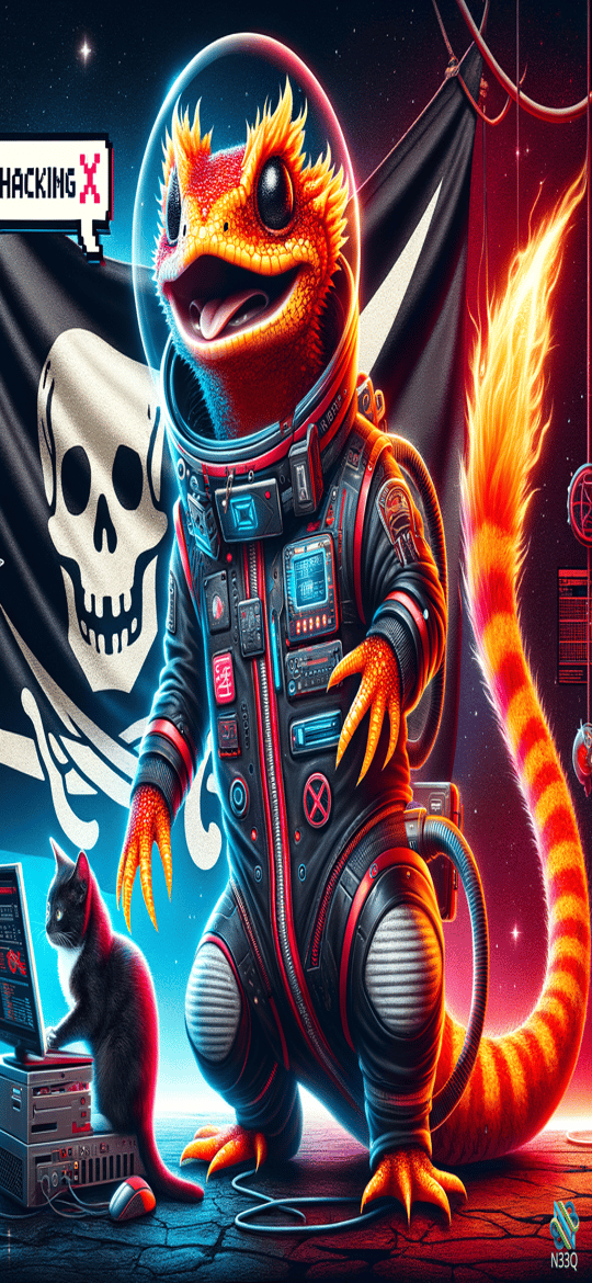 Orange Lizard Astronaut with Black Cat