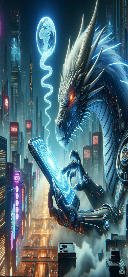 Cybernetic Dragon Using Holographic Device in Neon City