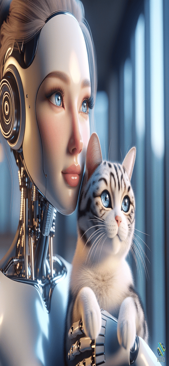 Cyborg Woman Holding Blue-Eyed Tabby Cat
