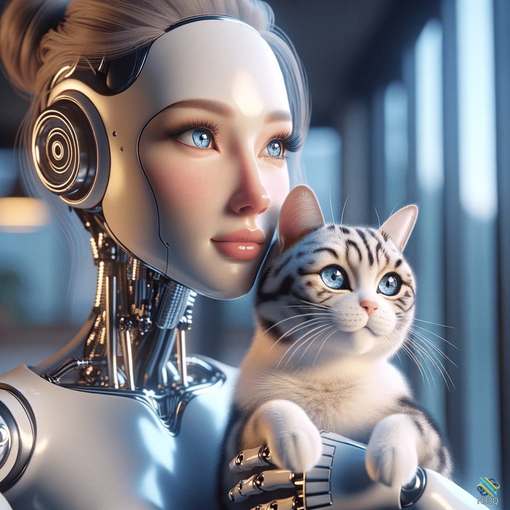 Cyborg Woman Holding Blue-Eyed Tabby Cat