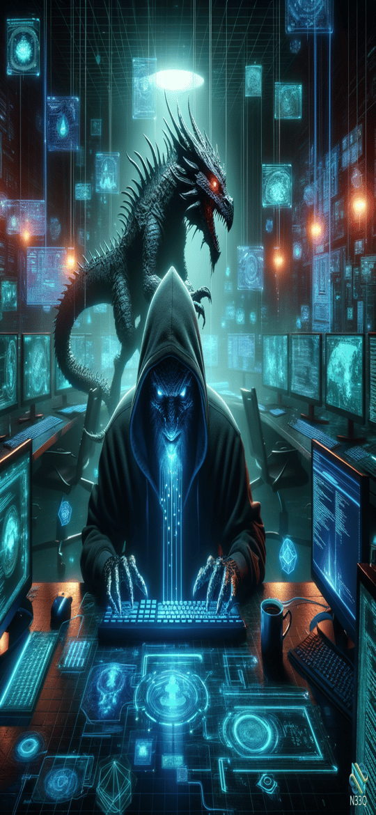 Hooded Dragon Hacker in Neon Control Room