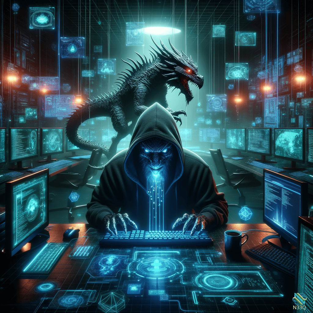 Hooded Dragon Hacker in Neon Control Room