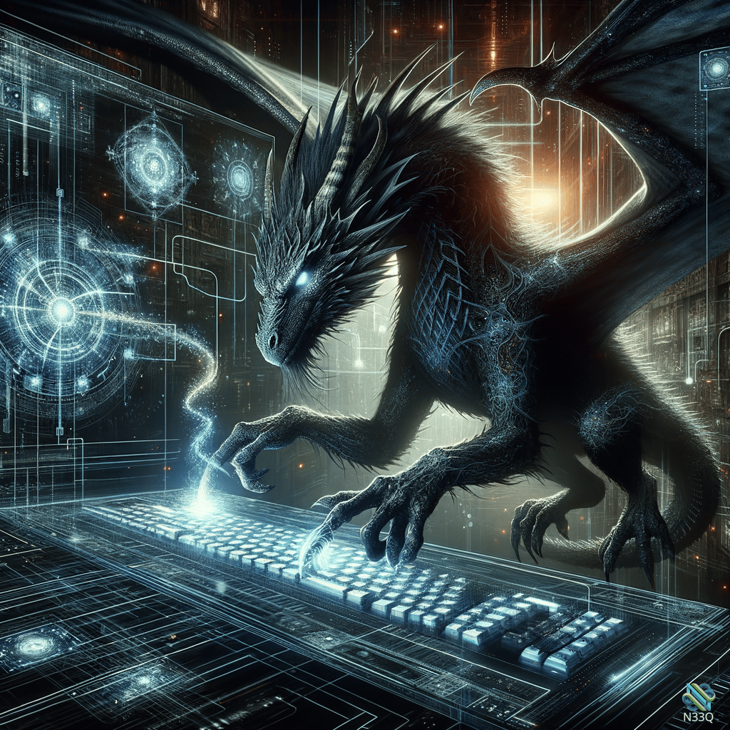 Black Dragon Typing on Futuristic Keyboard
