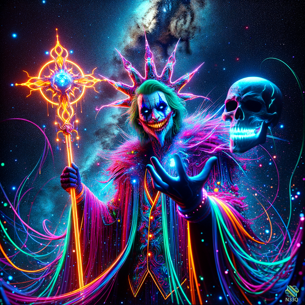 Neon Joker Wizard with Glowing Staff and Skull