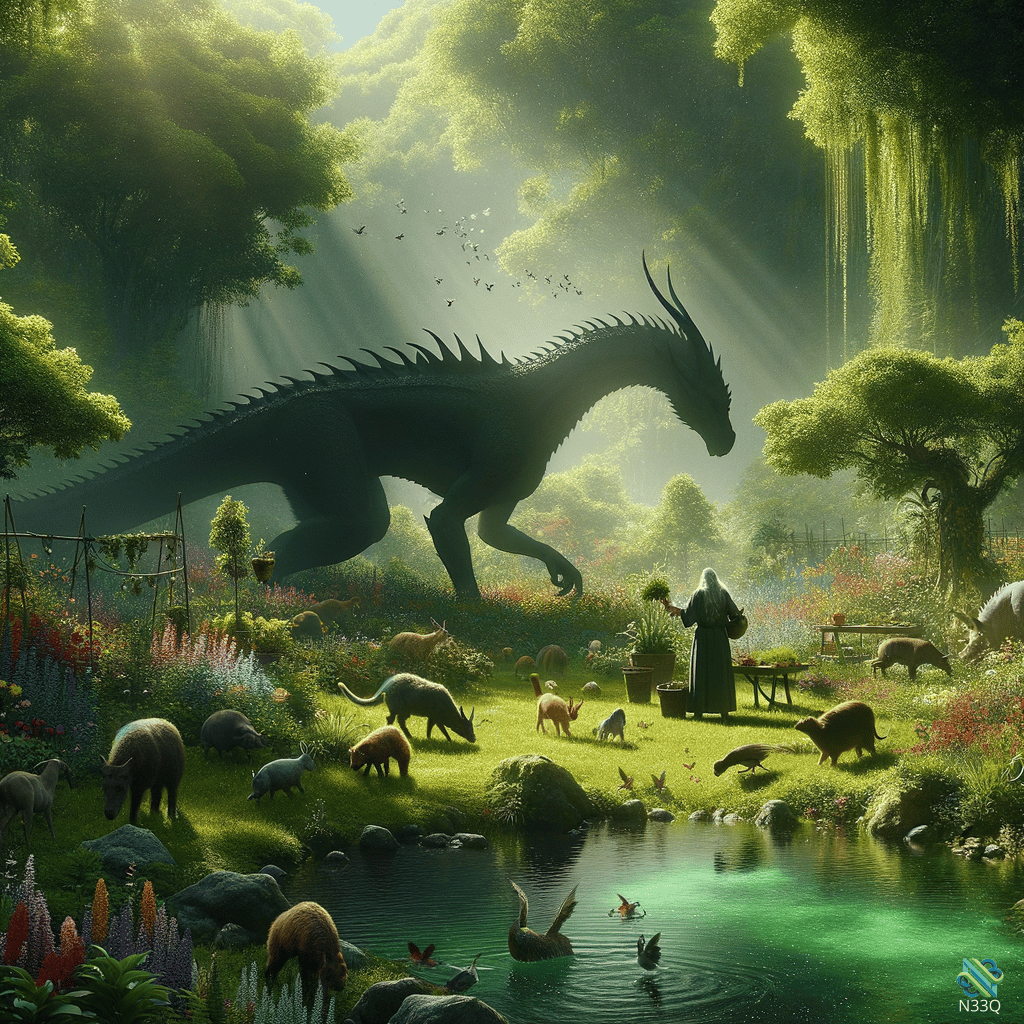 Black Dragon in Sunlit Forest Clearing