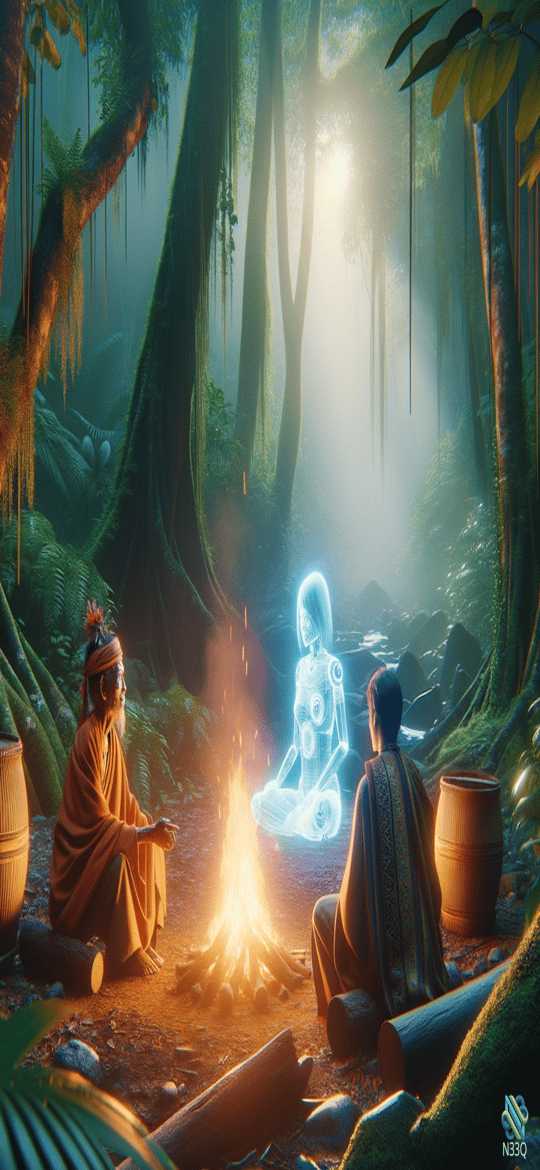 Shamans with Holographic Figure at Jungle Fire