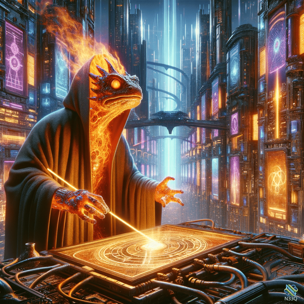 Fiery Reptilian Mage in Neon Cyberpunk City