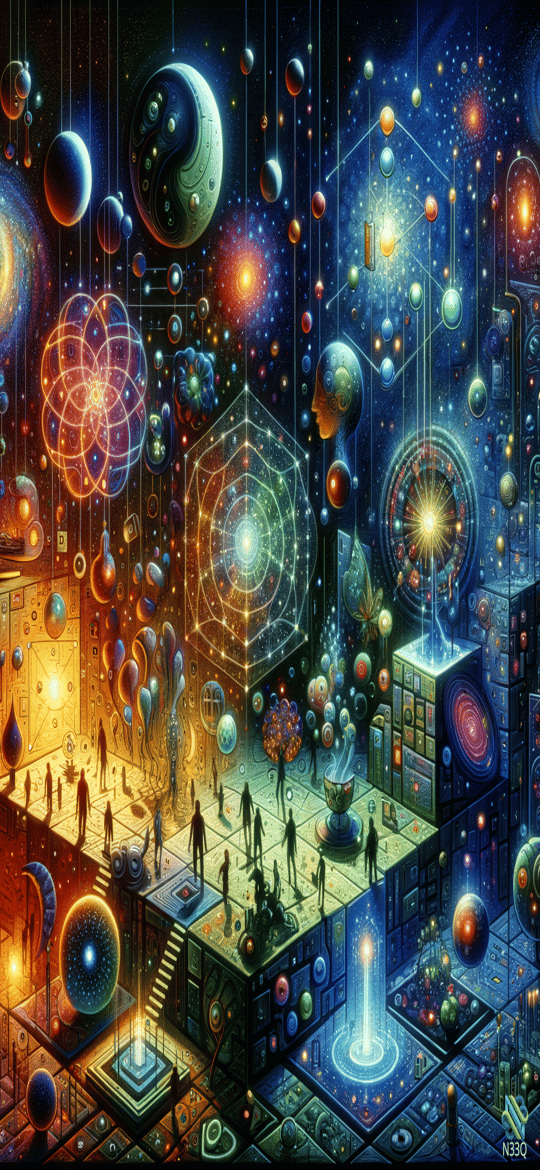 Floating Cosmic Platforms with Planets and Figures