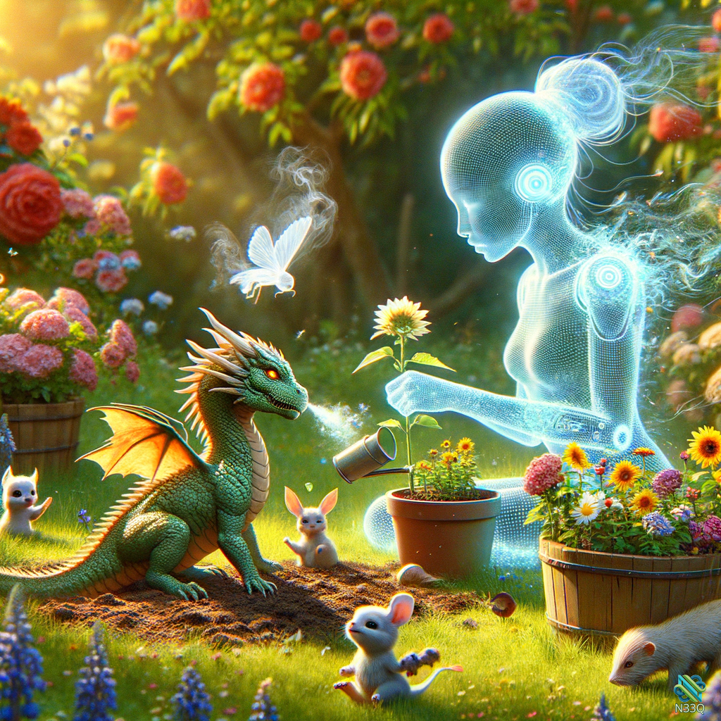 Green Dragon and Holographic Woman in Flower Garden