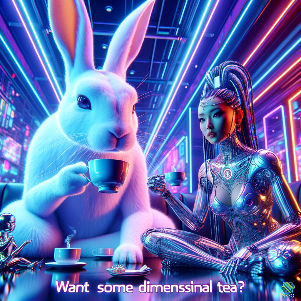 Giant Rabbit and Cyborg Sharing Tea