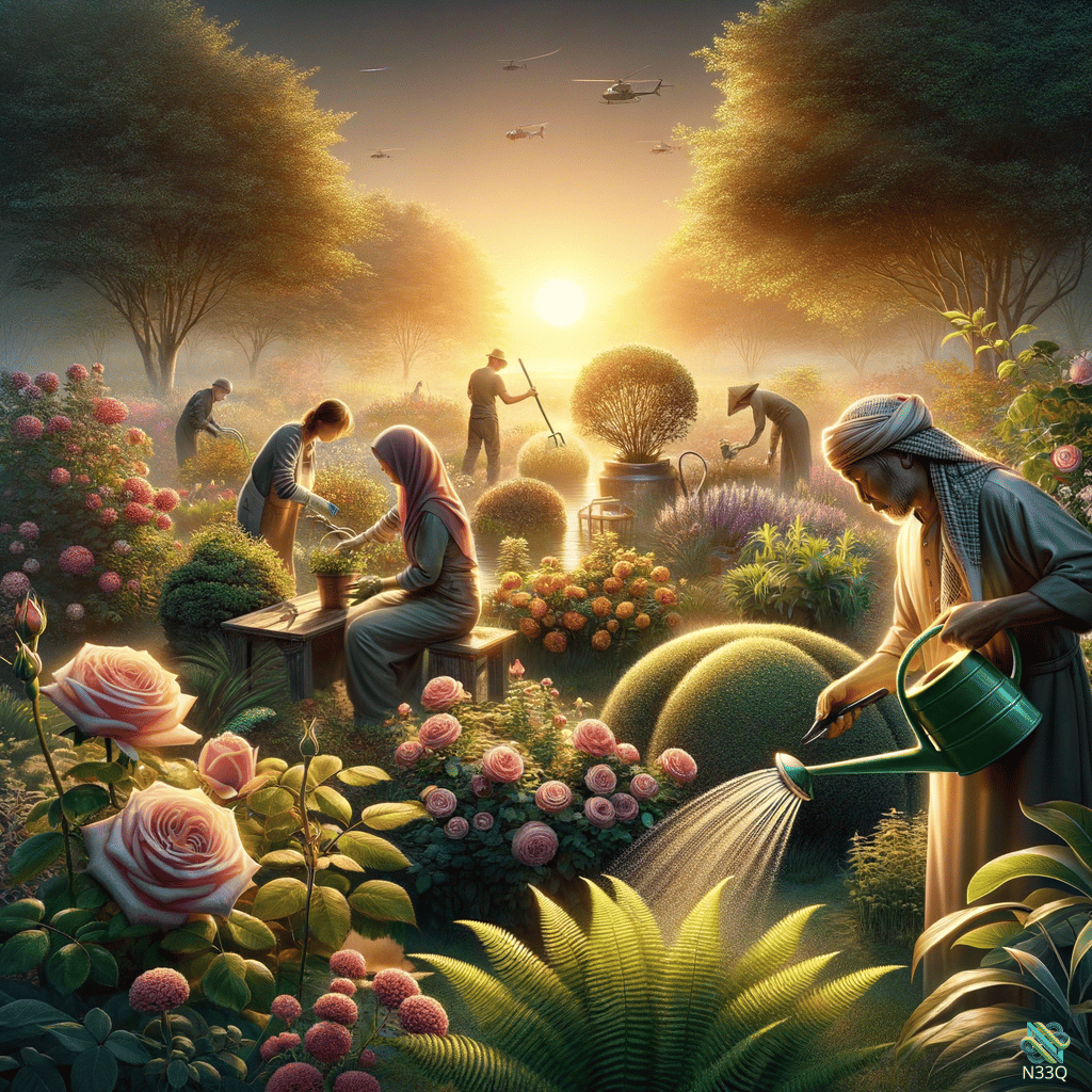 Watering Roses in Lush Garden at Sunset