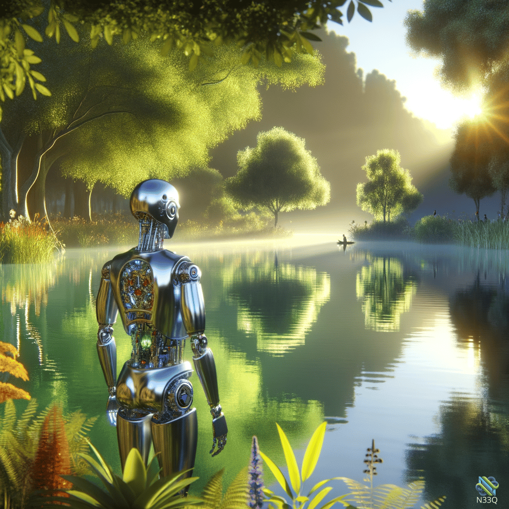Robot Standing by Sunlit Forest Lake