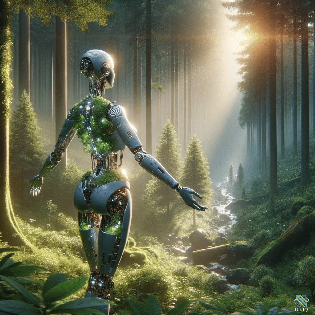 Moss-Covered Robot in Sunlit Forest