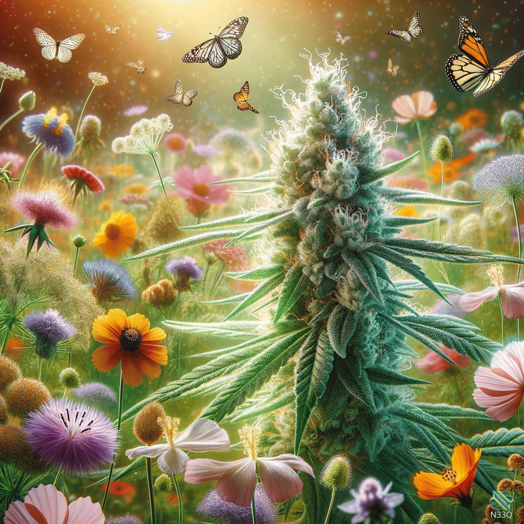 Cannabis Plant in Blooming Wildflower Meadow