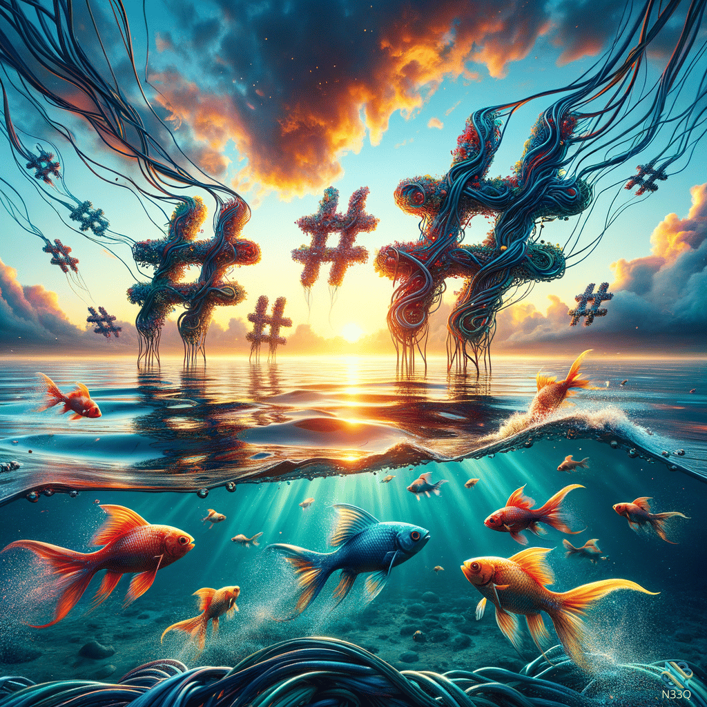 Organic Hashtags Rising Over Sunset Ocean with Goldfish