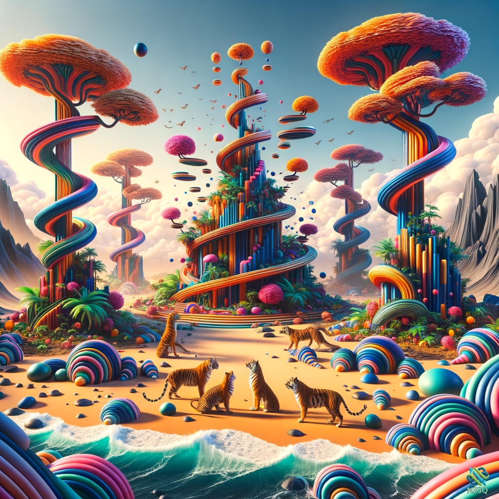 Tigers on Beach with Rainbow Spiral Trees