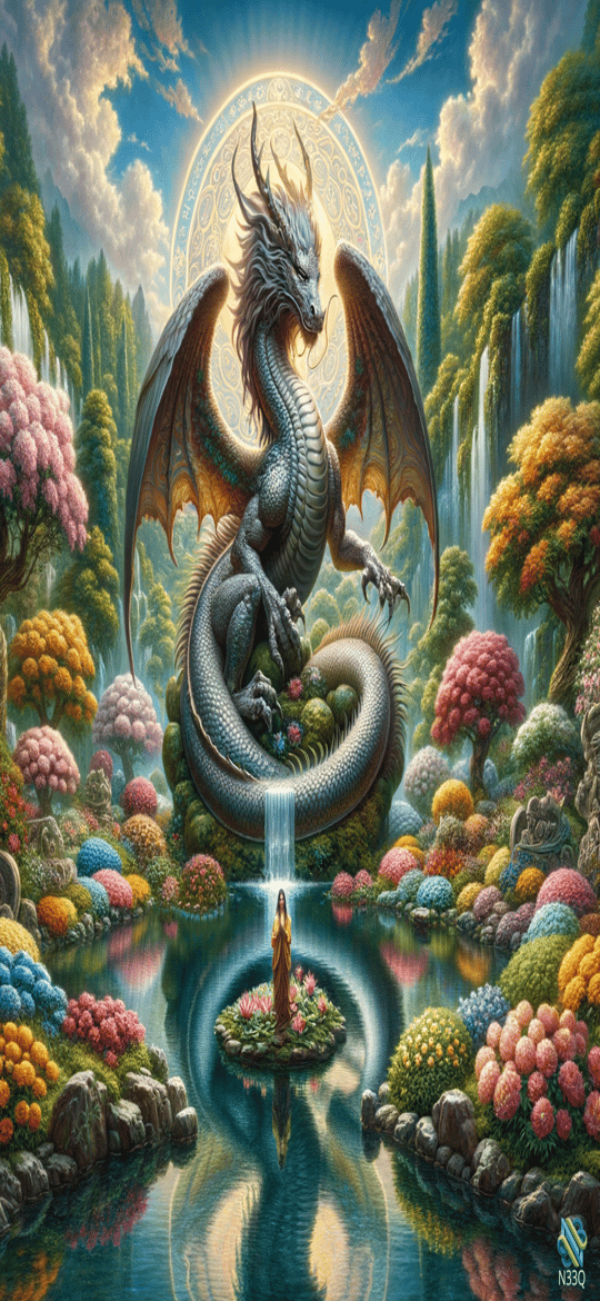 Dragon Overlooking Woman in Enchanted Garden