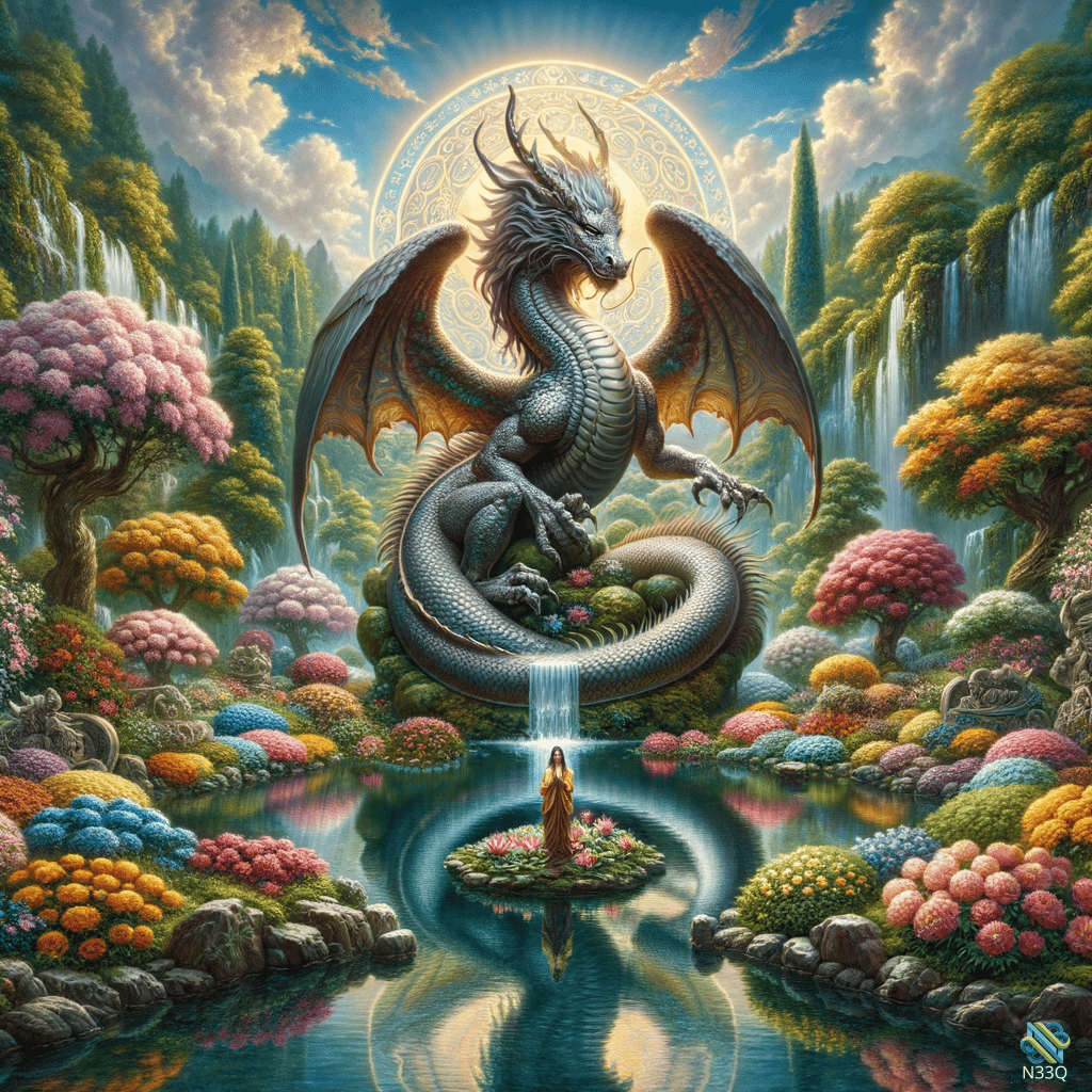 Dragon Overlooking Woman in Enchanted Garden