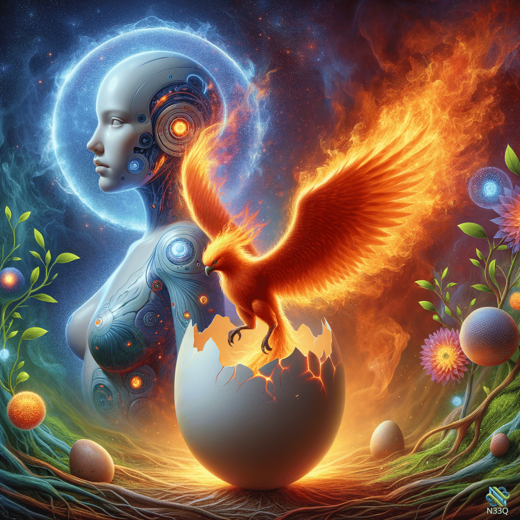 Cyborg Woman and Phoenix from Cracked Egg