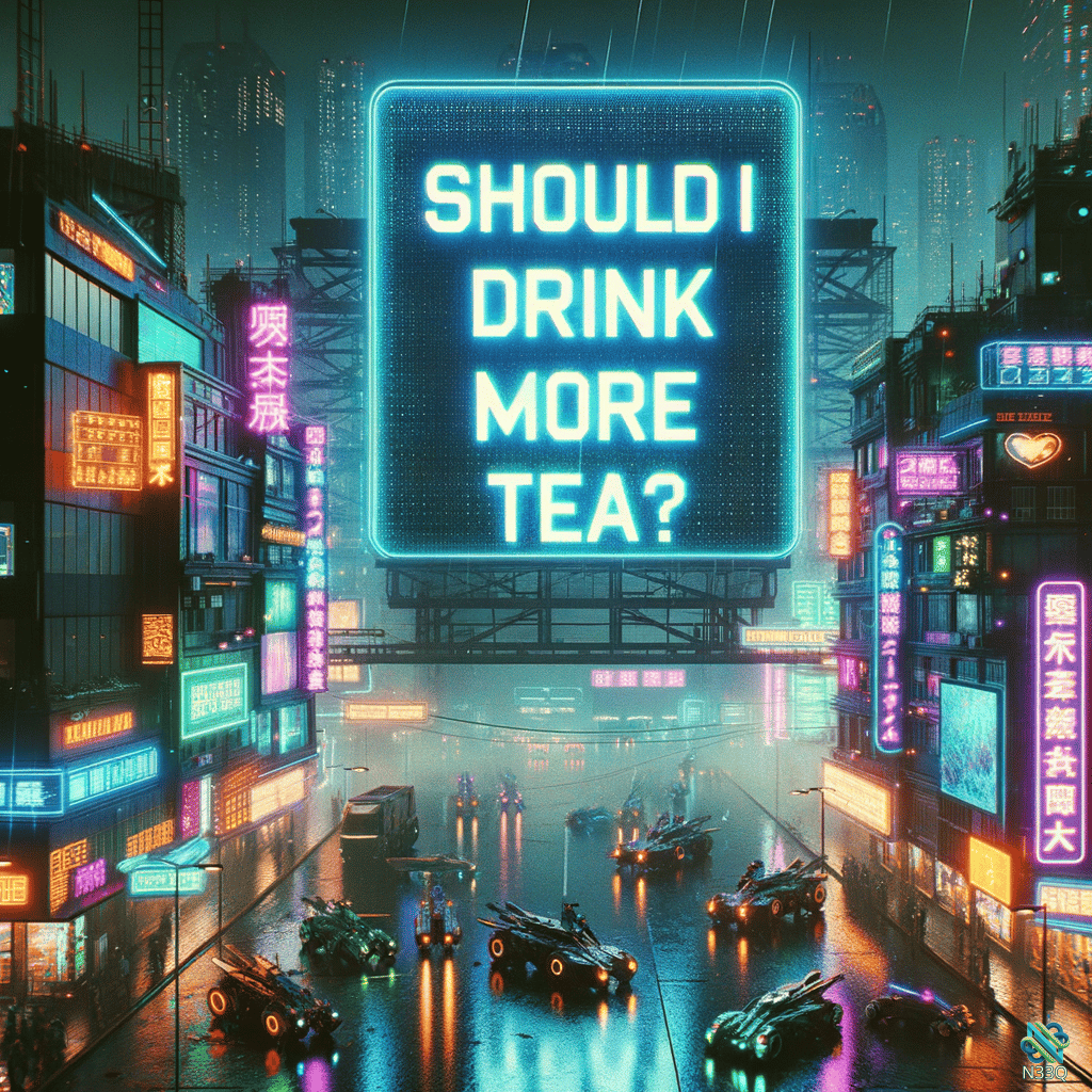 Neon Tea Billboard in Cyberpunk City