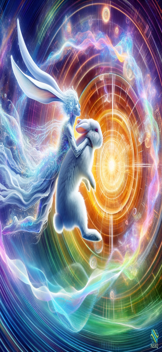 Ethereal White Rabbit in Cosmic Vortex