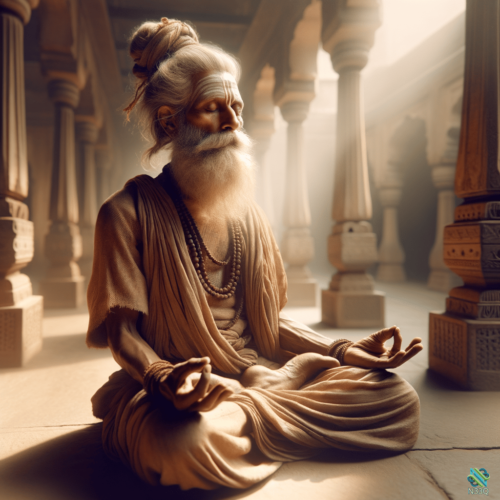 Elderly Yogi Meditating in Ancient Temple