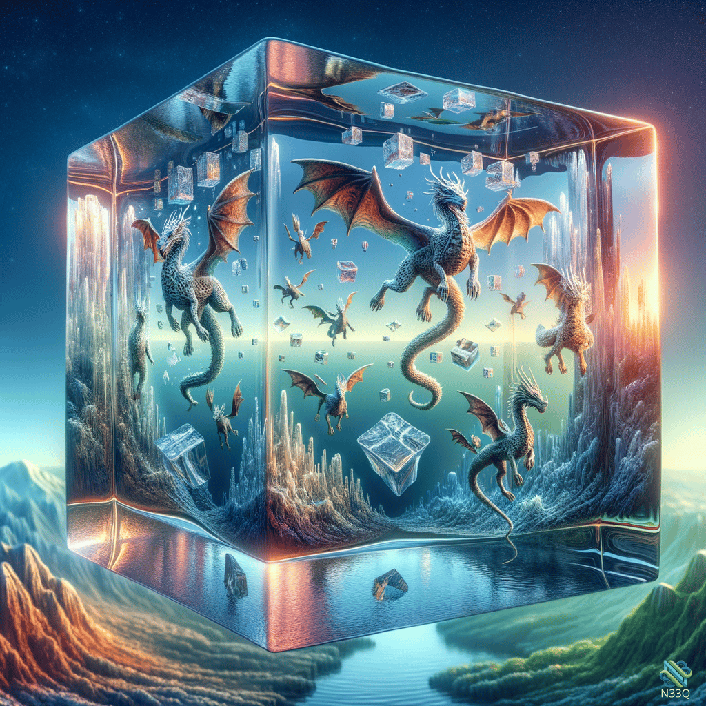 Dragons Flying Inside Glowing Glass Cube