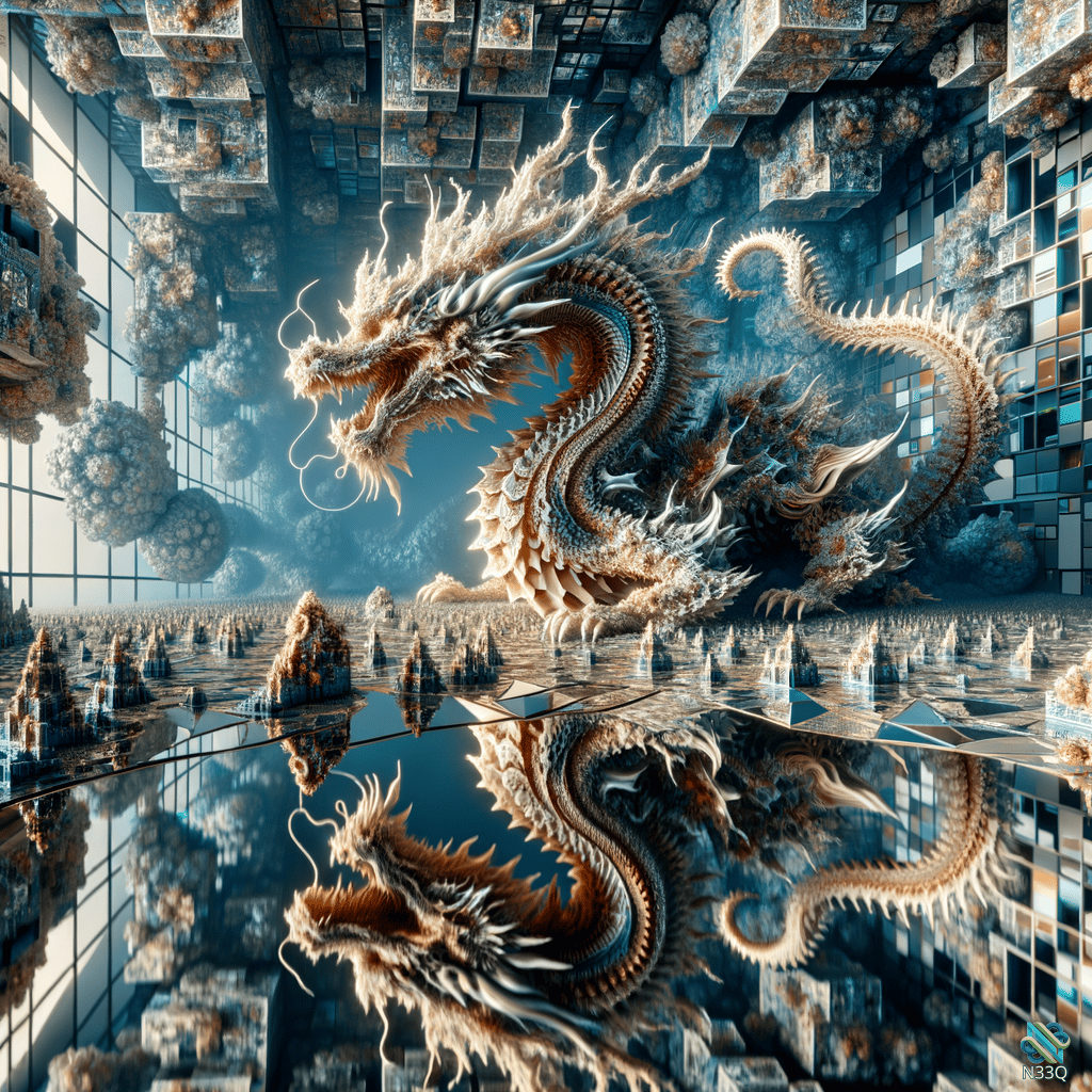 Dragon in Reflective Surreal Hall
