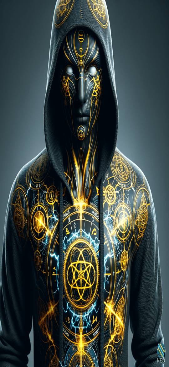 Hooded Figure with Glowing Esoteric Symbols