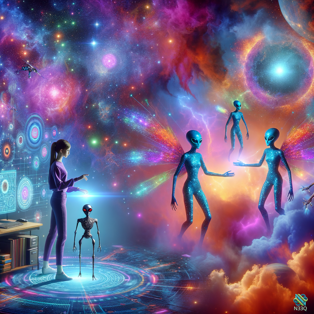 Woman Meeting Blue Aliens in Cosmic Nebula