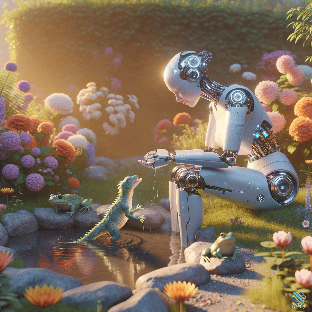 Robot Offering Water to Lizard in Garden
