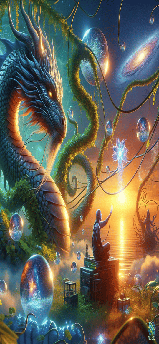 Blue Dragon and Seer at Cosmic Sunset