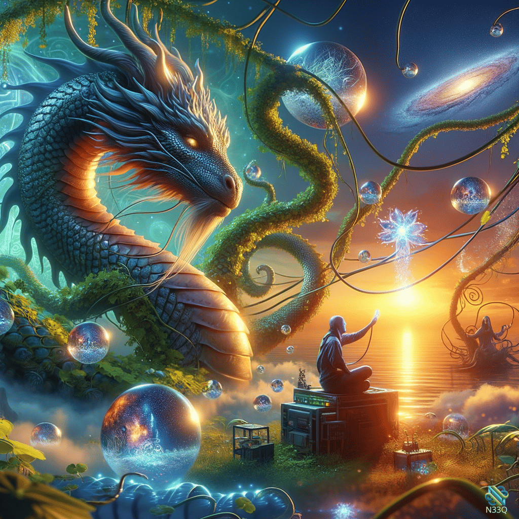 Blue Dragon and Seer at Cosmic Sunset