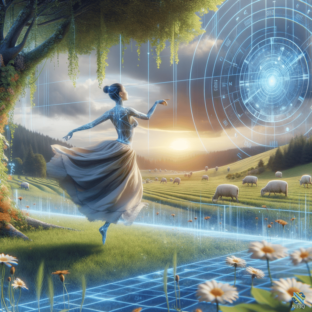 Holographic Woman Dancing in Sunset Meadow