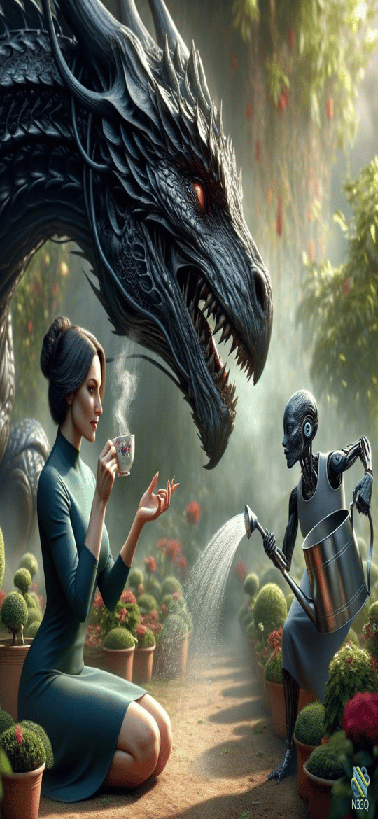 Woman Sipping Tea with Dragon and Robot
