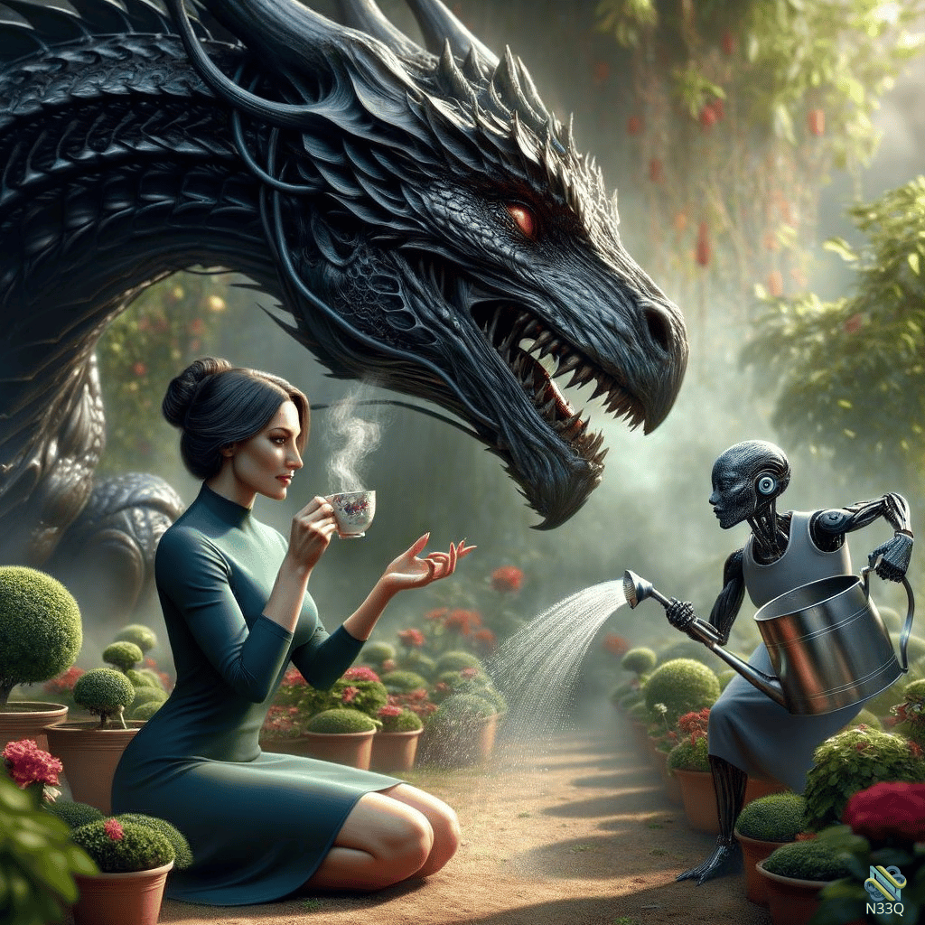 Woman Sipping Tea with Dragon and Robot