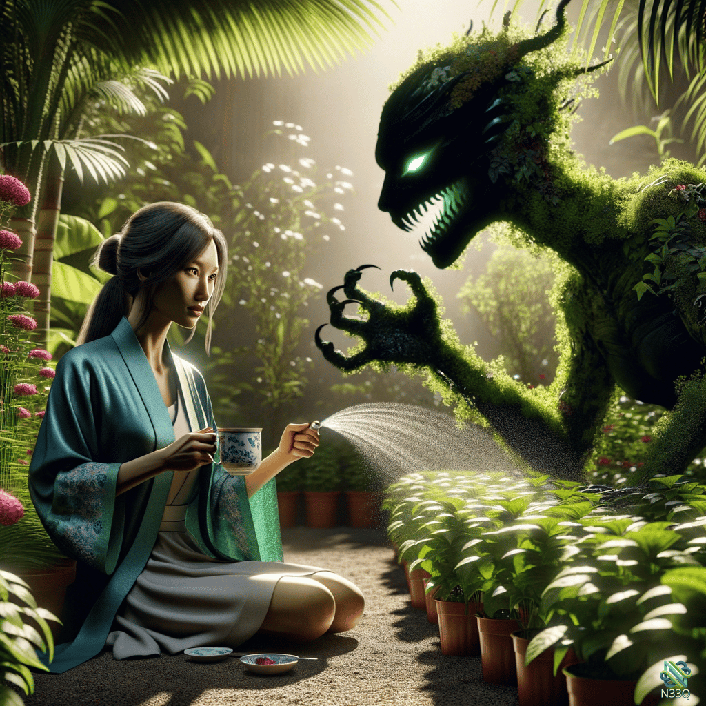Woman in Kimono Faces Plant Monster