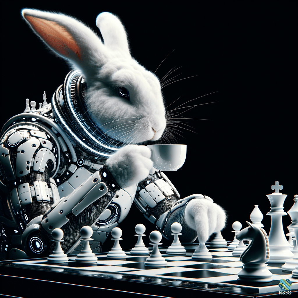 Cyborg Rabbit Sipping Tea Over Chess