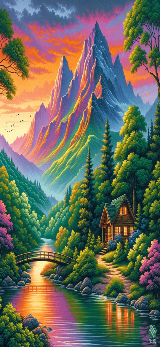 Log Cabin by River in Colorful Mountains
