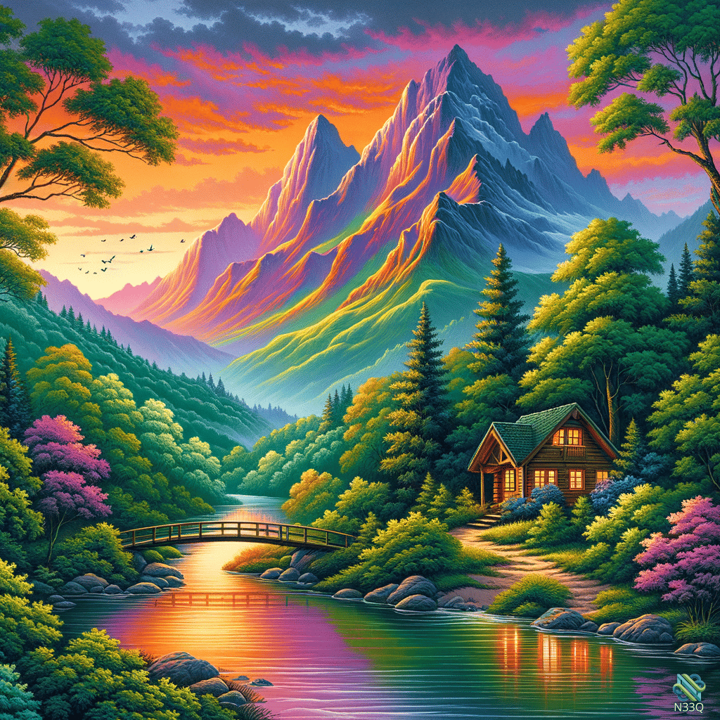 Log Cabin by River in Colorful Mountains