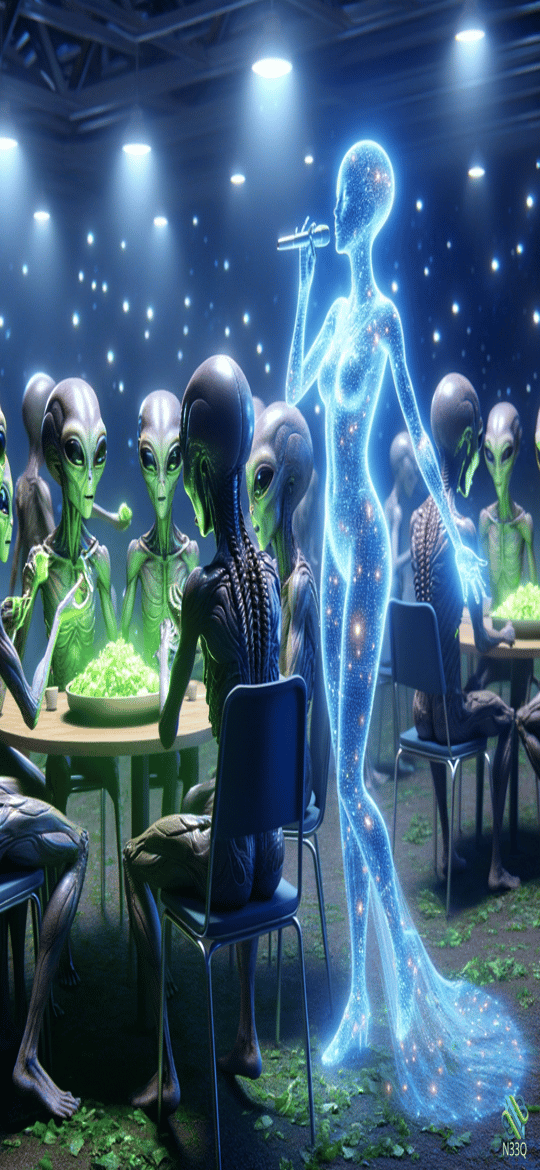 Grey Aliens Watching Starry Singer Perform