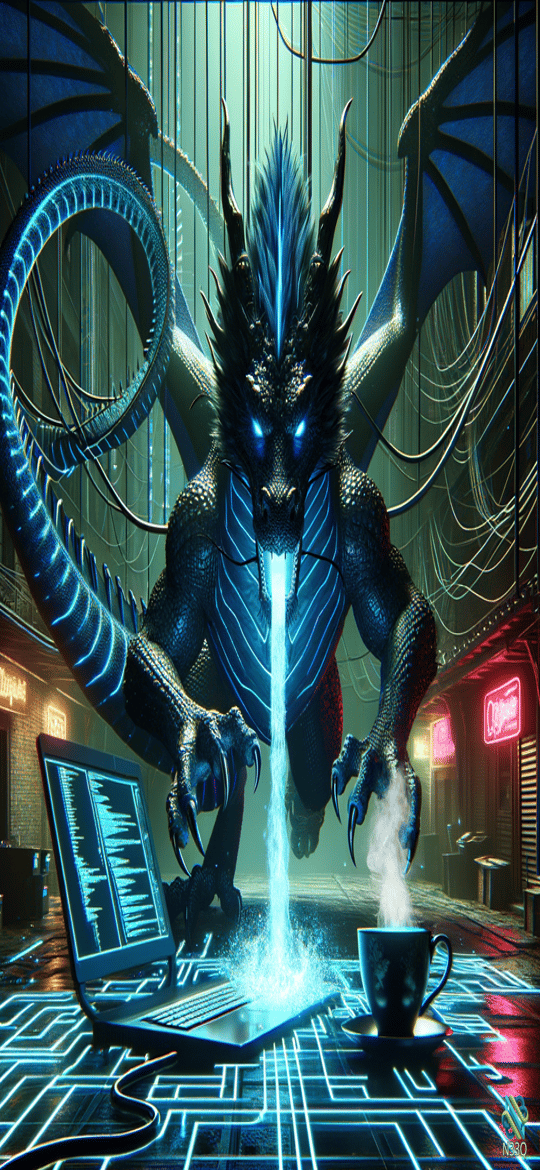 Neon Dragon Pouring Code into Laptop